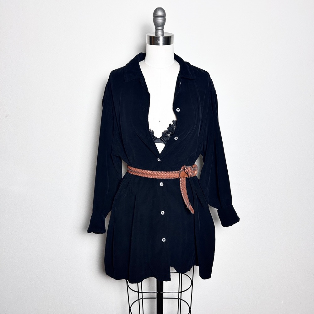 VTG Care Wear Black Corduroy 100% Cotton Oversized Button Shirt Dress Shacket